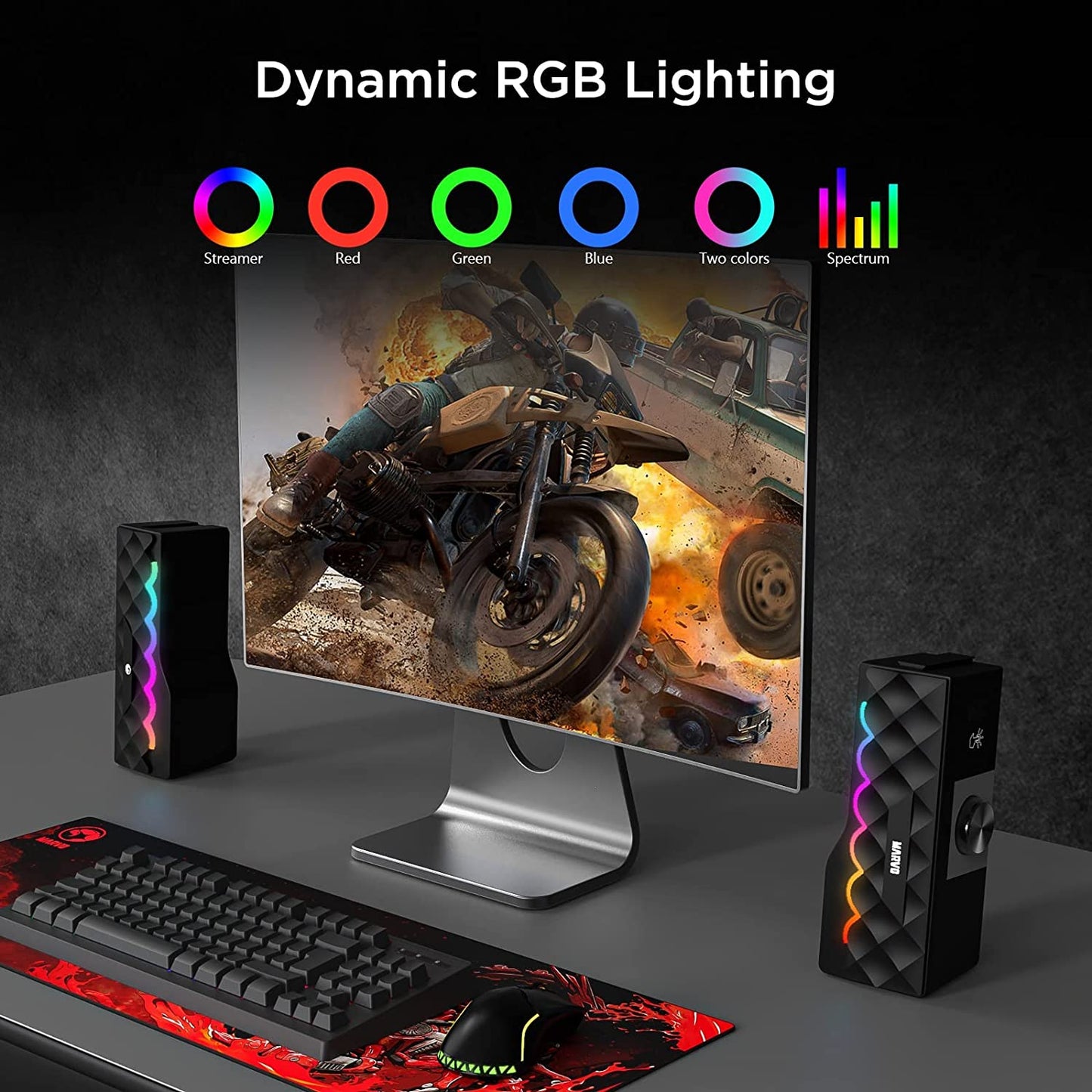 Computer Speakers, RGB PC Speakers with 6 Color Touch Control Backlit, Wireless or 3.5Mm Aux-In, USB Hifi Stereo Speaker with Bass Diaphragms, Combinable PC Speaker for Laptops/Phone/Pad/Game Machine