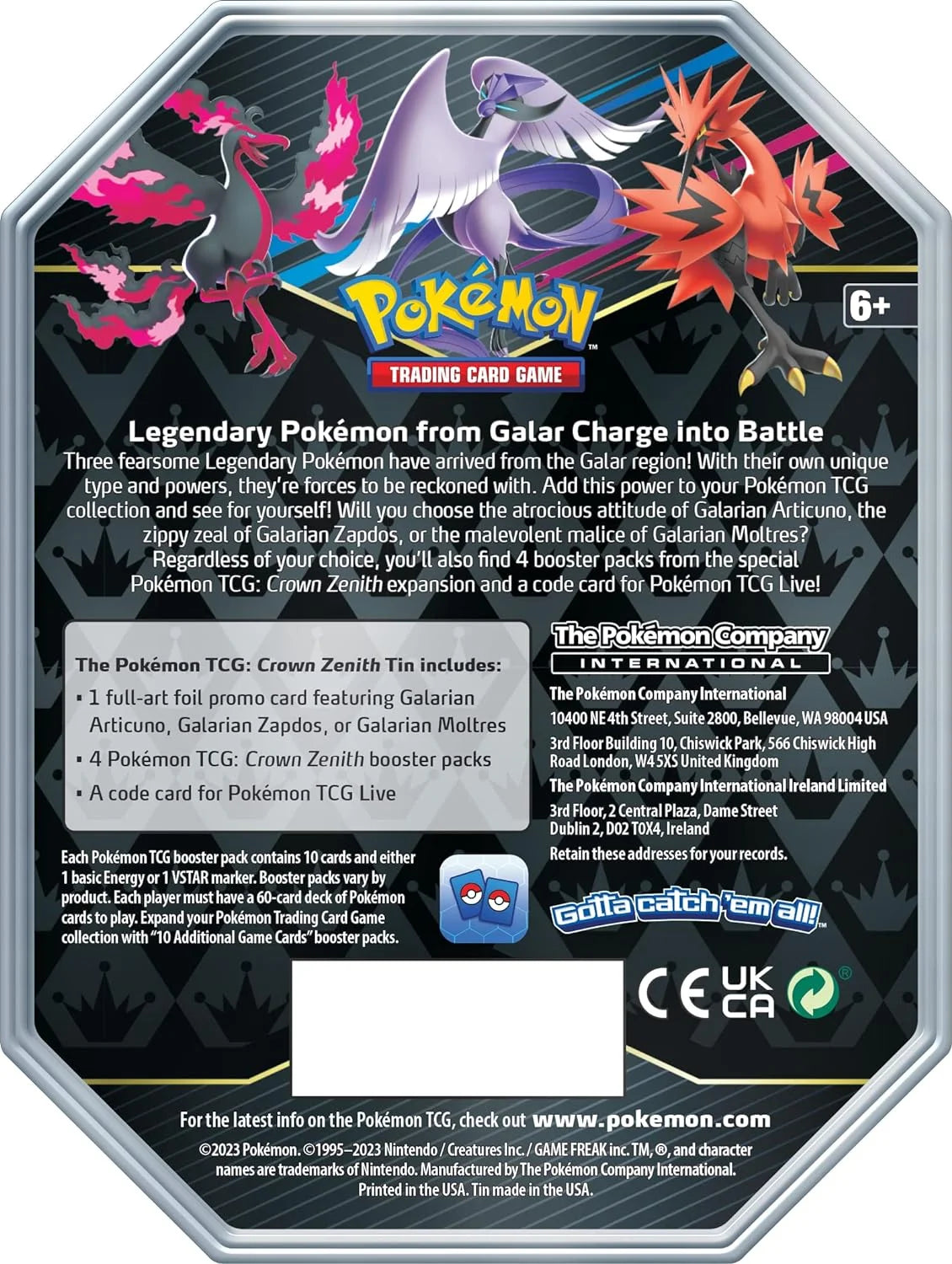 TCG: Crown Zenith Tin – Galarian Articuno (1 Foil Card & 5 Booster Packs)